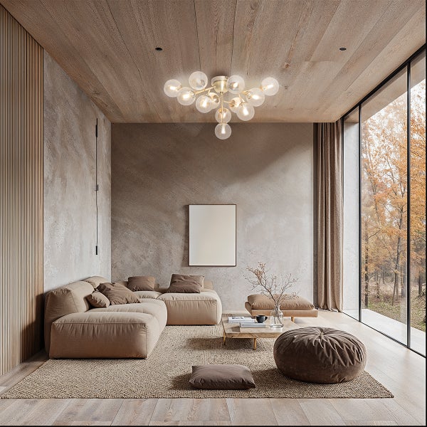 Wohnzimmer mit Sofa, Deckenleuchte und Fensterfront zum Garten