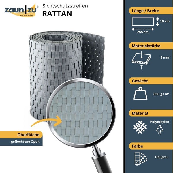 Zaun zu Sichtschutzstreifen Rattan aus Polyethylen, Oberfläche in geflochtener Optik, 255 x 19 cm