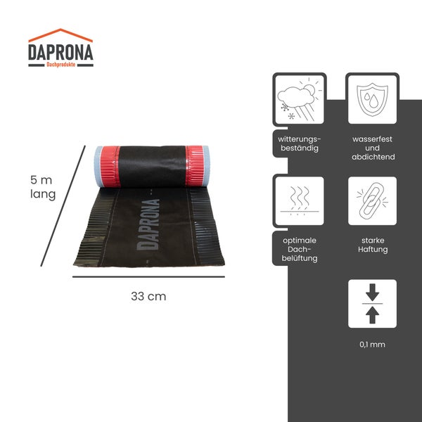 Daprona Logo. Firstband, 5 Meter lang, 33 Zentimeter breit, 0,1 Millimeter dick. Symbole für Wetterfestigkeit, Abdichtung, Belüftung und Haftung.