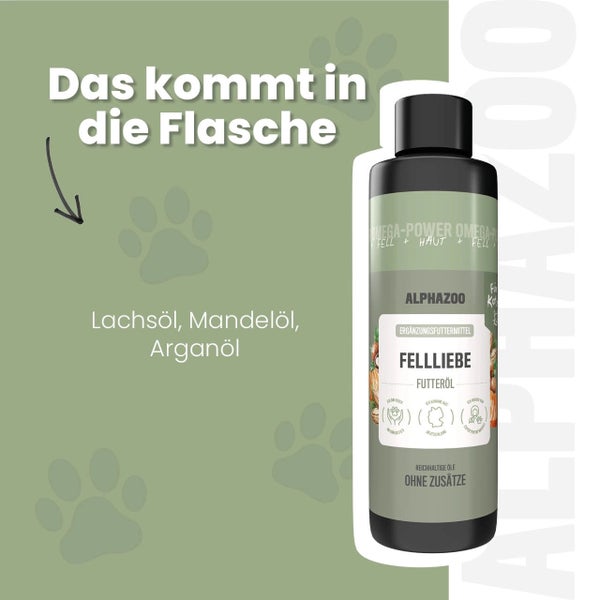 Alpazoo Fellliebe Futteröl Flasche mit Omega-3- und Omega-6-Fettsäuren für Hunde und Katzen