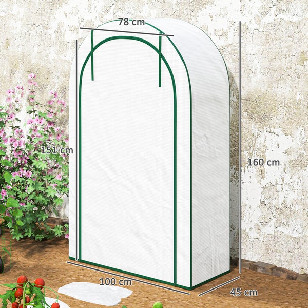 Outsunny Gewächshaus mit Runddach Tür, Regale, winterfest Foliengewächshaus aus Stahl, Treibhaus für Balkon, Garten, Tomatenhaus 100 x 45 x 160 cm, Tomatengewächshaus für Tomaten, Gemüse, Blumen, Weiß