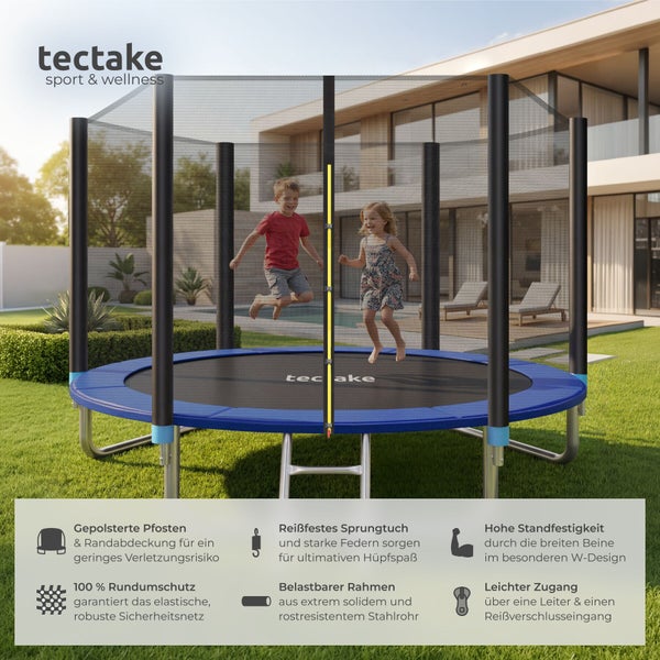 Tectake Gartentrampolin mit Sicherheitsnetz und Leiter. Zwei Kinder springen auf der Matte in einem hellen Garten mit Haus und Pool.
