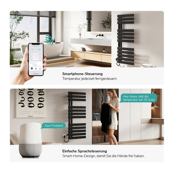 Moderner schwarzer Badheizkörper in Bad und Wohnbereich, steuerbar per Smartphone-App und Sprachsteuerung.