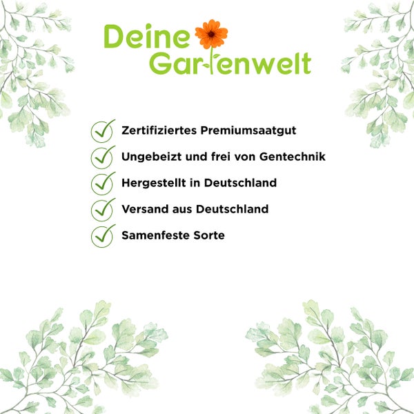 Deine Gartenwelt Logo: zertifiziertes Premiumsaatgut, ungebeizt, gentechnikfrei, hergestellt und versandt in Deutschland, samenfeste Sorte.