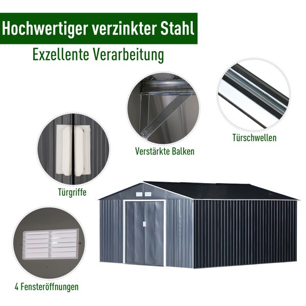 Outsunny Gerätehaus mit Bodenplatte, Gartenhaus, 20m³, 340 x 386 x 200 cm, Stahl, Kohlegrau