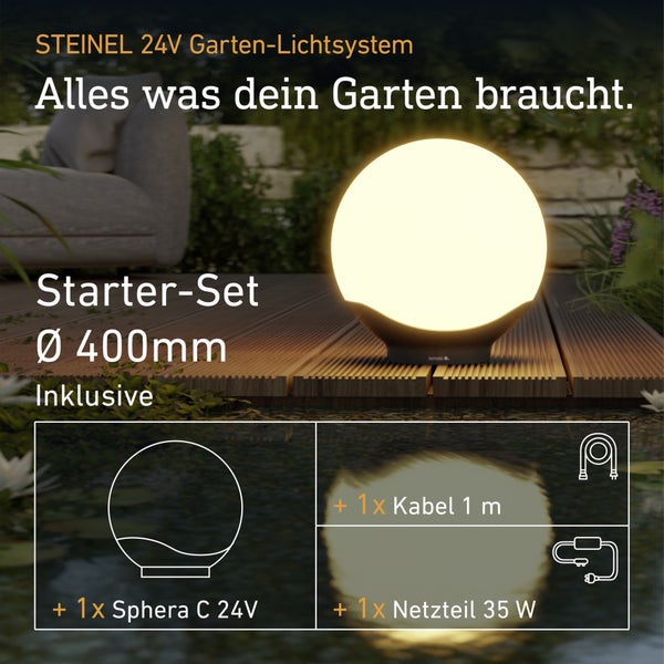 Steinel 24 Volt Garten-Lichtsystem Starter-Set mit 400 Millimeter Kugelleuchte Sphera C, einem 1 Meter Kabel und einem 35 Watt Netzteil.