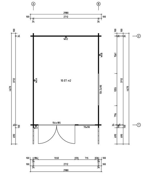 Grundrisszeichnung eines Gartenhauses mit Maßangaben
