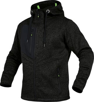 Schwarze Strickfleecejacke mit Kapuze, durchgehendem Reißverschluss und Brusttasche.