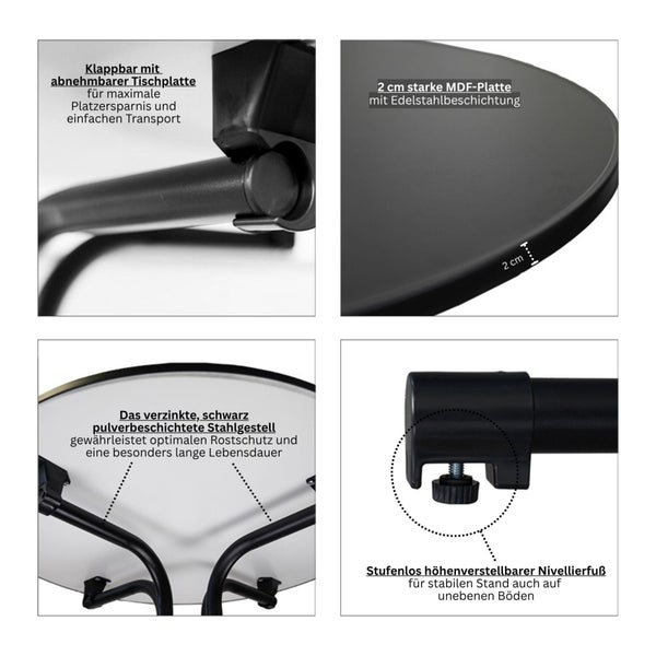 Detailansichten eines klappbaren Tisches mit abnehmbarer Tischplatte, 2 Zentimeter starker MDF-Platte mit Edelstahlbeschichtung, verzinktem, pulverbeschichtetem Stahlgestell und stufenlos höhenverstellbarem Nivellierfuß.