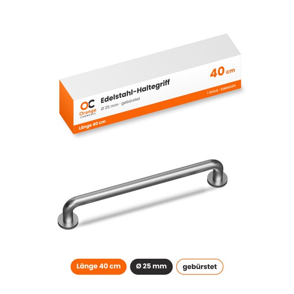 Orange Commerce Edelstahl Haltegriff in 40 Zentimeter Länge und 25 Millimeter Durchmesser, gebürstete Oberfläche, inklusive Produktverpackung.