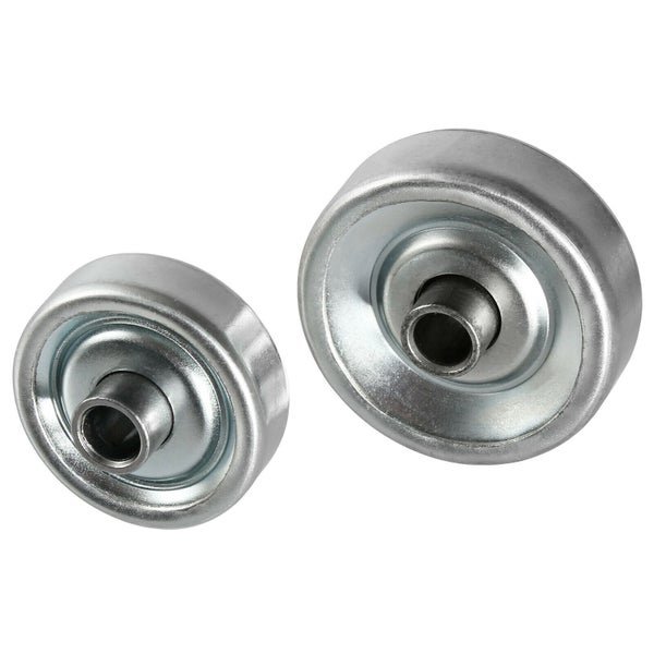 Zwei runde Metallrollen mit Kugellager für Schiebetürsysteme oder Transportanwendungen.