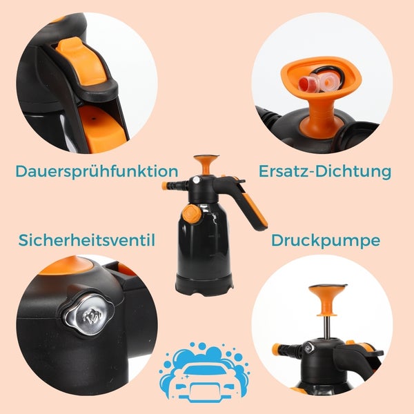 Drucksprüher mit Dauersprühfunktion, Ersatzdichtung, Sicherheitsventil und Druckpumpe