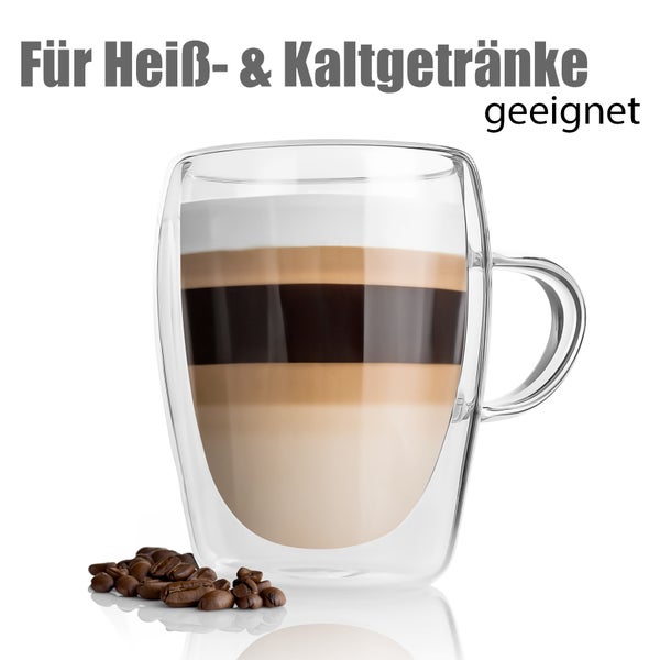 Doppelwandiges Glas für Heißgetränke und Kaltgetränke mit Henkel, gefüllt mit geschichtetem Kaffee.