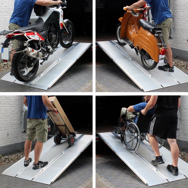 Mehrfachansicht einer Rampe im Einsatz zum Verladen eines Motorrads, eines Mopeds, eines Kartons mit Sackkarre und eines Rollstuhls