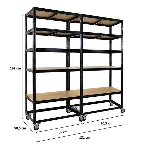 PROREGAL Mega Deal 2x Kommissionierwagen BÜFFEL Fahrbares Kommissionierregal 192x90x50cm 5 Ebenen Fachlast 50kg 2X Lenkrollen & 2X Lenkrollen mit Feststellbremse Schwarz