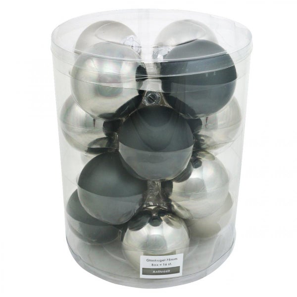 Verpackung mit 16 anthrazitfarbenen und silberfarbenen Weihnachtskugeln aus Glas, jeweils 75 Millimeter groß