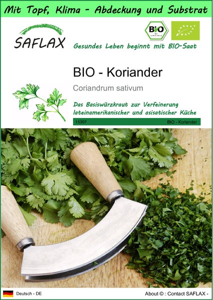 SAFLAX Garden to go - BIO - Koriander - Coriandrum sativum - 150 Samen - Mit Topf, Klima - Deckel und Anzuchtsubstrat