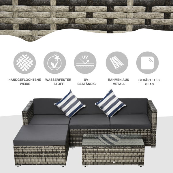 Outsunny 5-tlg. Polyrattan Gartenmöbel Set Gartengarnitur Garten-Set Sitzgruppe Loungeset Loungemöbel mit Beistelltisch Kissen Grau