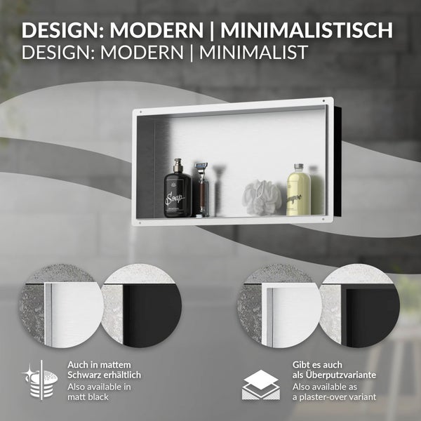 LuxeBath Wandnische aus Edelstahl, 60x30x10 cm, Silber, Duschnische, Randlos, Einbauregal, Flexibler Einbau, Befliesbare Nische für Badutensilien, Duschablage, Einzelregal, Lagerung für Badezimmer