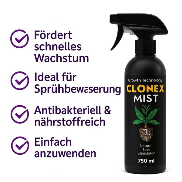 Clonex Mist Pflanzen-Wachstumsstimulator in der 750 Milliliter Sprühflasche. Fördert schnelles Wachstum und ist ideal für die Sprühbewässerung.