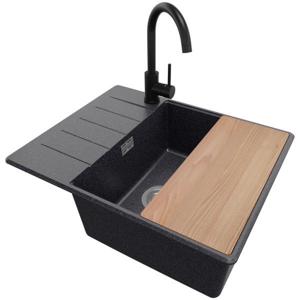 PRIMAGRAN Granitspüle Anthrazit 62x50cm, Spülbecken 1 Becken + Küchenarmatur 32x20cm + Ablauf-Set + Schneidebrett, Küchenspüle ab 50er Unterschrank - Kopenhagen