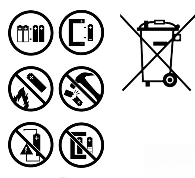 Sicherheitshinweise und Entsorgungssymbole für Batterien.