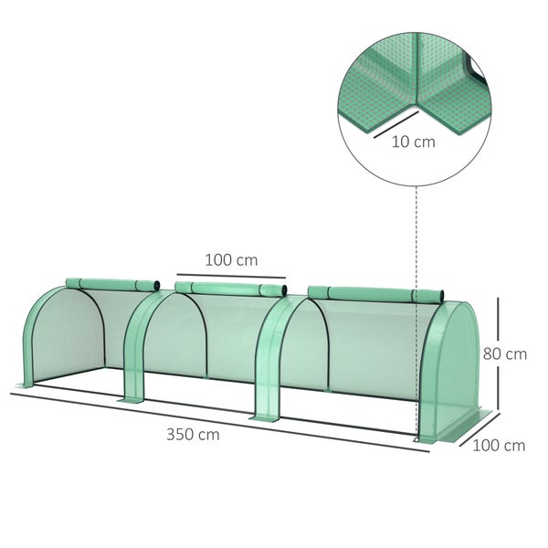 Folientunnel für Hochbeete mit Maßen 350 mal 100 mal 80 Zentimeter und Detailansicht der Eckverbindung