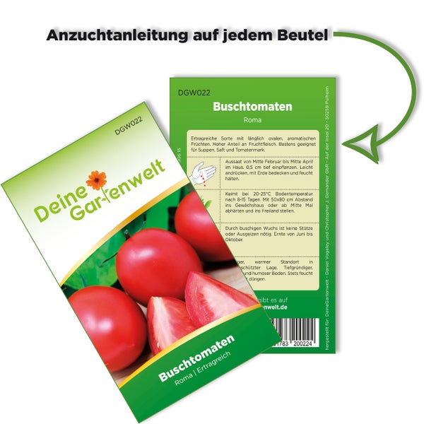 Samenbeutel für Buschtomaten Roma von Deine Gartenwelt mit Anzuchtanleitung auf der Rückseite.