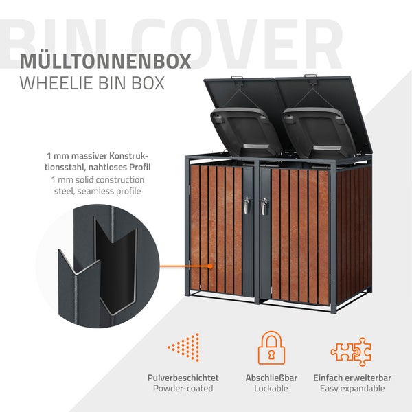 ML-Design Mülltonnenbox 2er 2 Tonnen 240L, 132x80x116,3 cm, Anthrazit-Rostoptik, Stahl/Cortenstahl, Abschließbare Mülltonnenverkleidung Klappdeckel/Tür, Müllbox Mülltonnecontainer Mülltonnenabdeckung