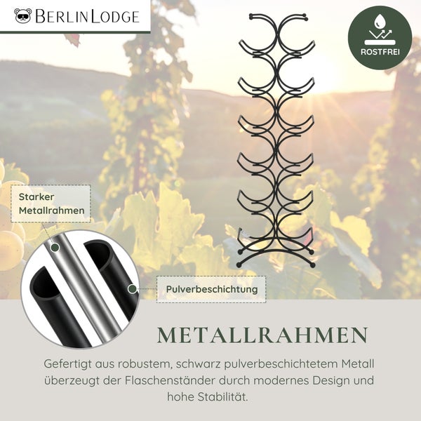 Berlin Lodge Flaschenständer aus robustem, pulverbeschichtetem Metall, rostfrei, mit gewelltem Metallrahmen für Weinflaschen.