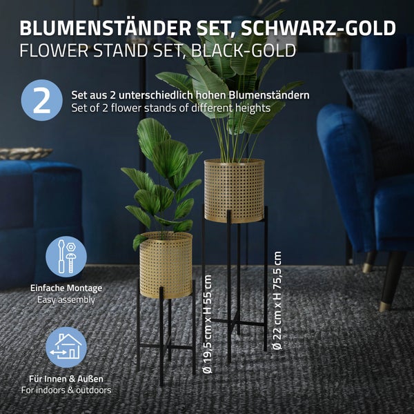 ML-Design Blumenständer 2er Set Schwarz-Gold 17x17x55/19x19x75,5 cm, aus Stahl, Blumentopfständer mit Übertopf, Metall Pflanzenständer, Blumentopfhalter 2-tlg, Pflanztopf Deko Blumensäule Blumenhocker