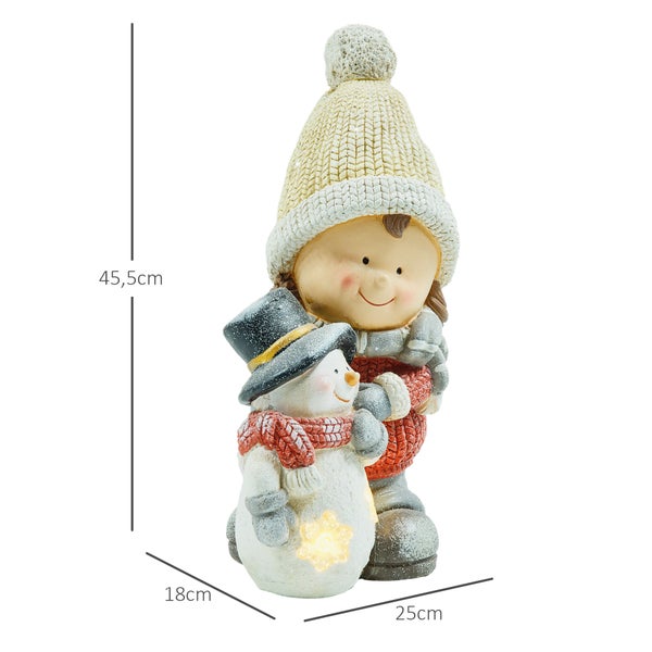 HOMCOM Weihnachtsdeko Figur, Weihnachtswichtel mit Schneemann, 45,5 cm Weihnachtsfigur mit LED-Licht, Dekofigur zu Weihnachten, für In- und Outdoor