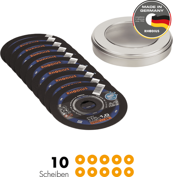 RHODIUS Trennscheibe XT67, 10 Stück, 115 x 1,0 x 22,23 mm für Stahl, Metall, PROline