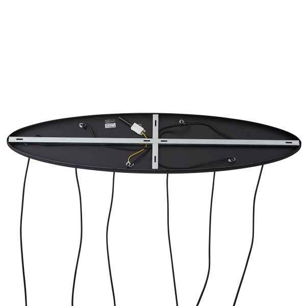 Rückseite eines ovalen schwarzen Baldachins für eine Pendelleuchte mit Montagehalterung und Verkabelung.