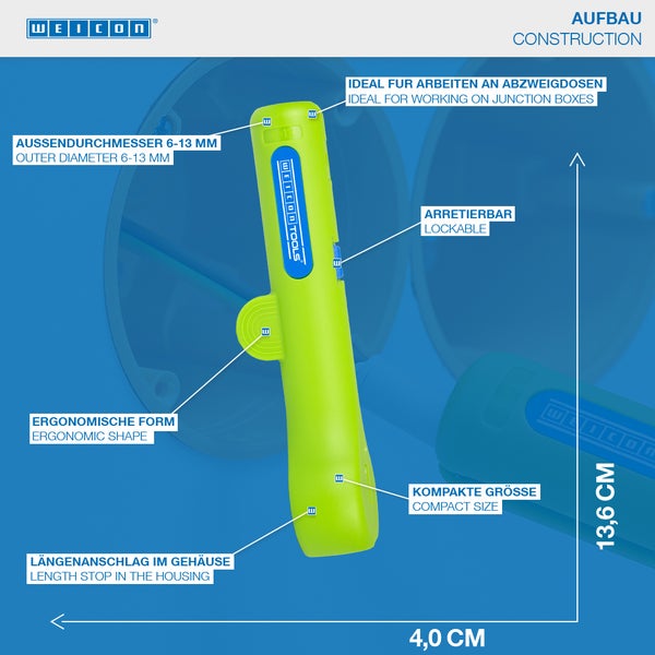 Weicon Tools Abisolierwerkzeug mit ergonomischer Form und Längenanschlag im Gehäuse für den Aufbau an Abzweigdosen, Außendurchmesser 6 bis 13 Millimeter, kompakte Größe