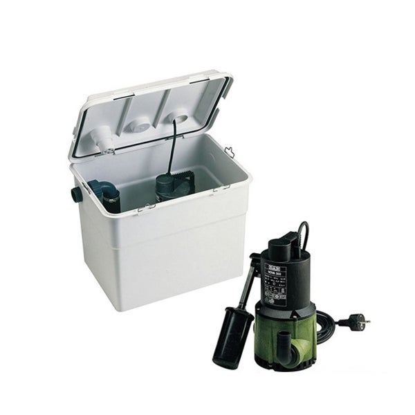 Abwasserhebeanlage mit Kunststoff-Sammelbehälter und Tauchpumpe inklusive Schwimmerschalter.