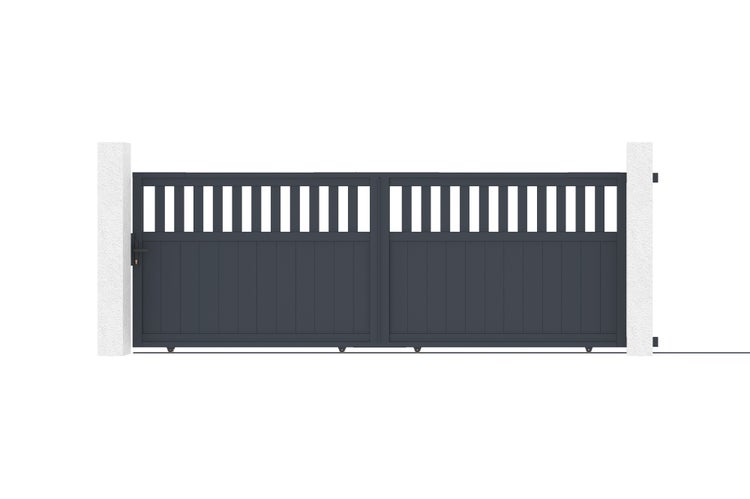 Doppeltor aus Metall mit senkrechten Latten als Gartentor