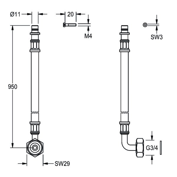 Technische Zeichnung eines flexiblen Anschlussschlauchs mit einer Länge von 950 Millimetern, Anschluss G 3/4 Zoll und M4 Schraube.