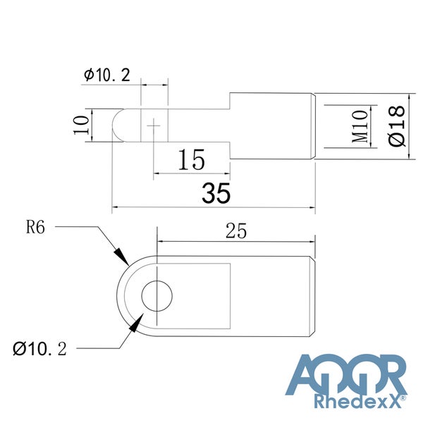 Technische Zeichnung eines Metallbolzens mit Maßen wie M10 Gewinde, Durchmesser 18 Millimeter und Gesamtlänge 35 Millimeter. Rhedexx Logo.