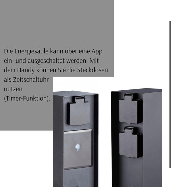 Schwarze Außen-Energiesäule mit App-Steuerung, Timer-Funktion und zwei IP44 Steckdosen.