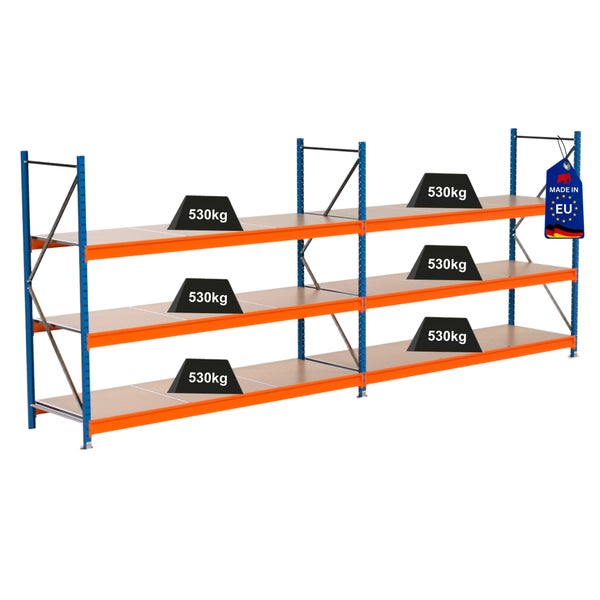 Lagerregal mit drei Ebenen und einer Traglast von 530 Kilogramm pro Ebene.