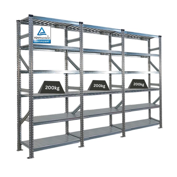 Stahlregalsystem mit mehreren Ebenen und einer Traglast von 200 kg pro Ebene
