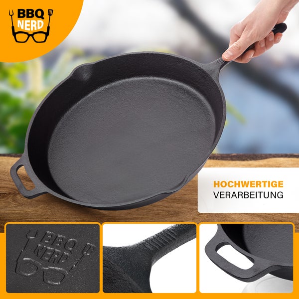 BBQ Nerd Grillpfanne Ø 30 cm 3600g mit Ausgießer und Griff | Gusseisenpfanne zum Grillen, Rösten, Anbraten | Antihaft-Pfanne Feuerpfanne - hitzebeständig & wärmespeichernd