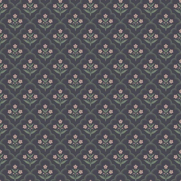 Tapete mit floralem Muster, kleine Blumen in geschwungenen Rahmen, klassisches Design