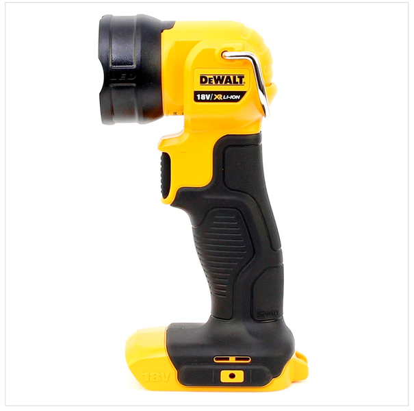Gelb-schwarze DeWalt 18 Volt LED Akku-Arbeitsleuchte mit schwenkbarem Kopf und ergonomischem Griff.