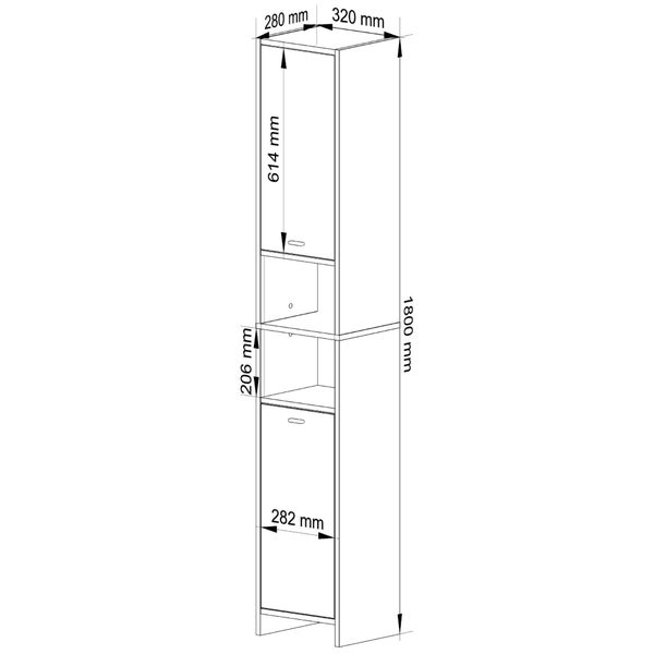Zeichnung eines Badezimmer-Hochschranks mit Maßangaben