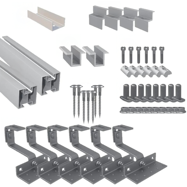 Montageset für Photovoltaikanlagen mit Montageschienen, Dachhaken, Modulklemmen, Schrauben und Muttern aus Metall.