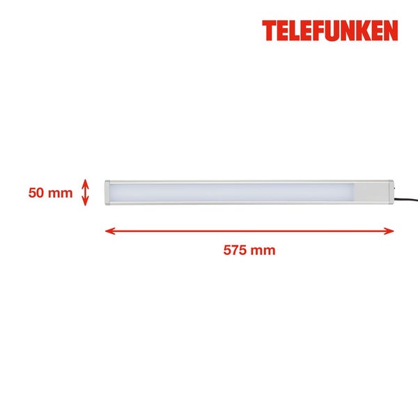 Telefunken LED-Unterbauleuchte mit Abmessungen von 575 Millimeter mal 50 Millimeter. Telefunken Logo.
