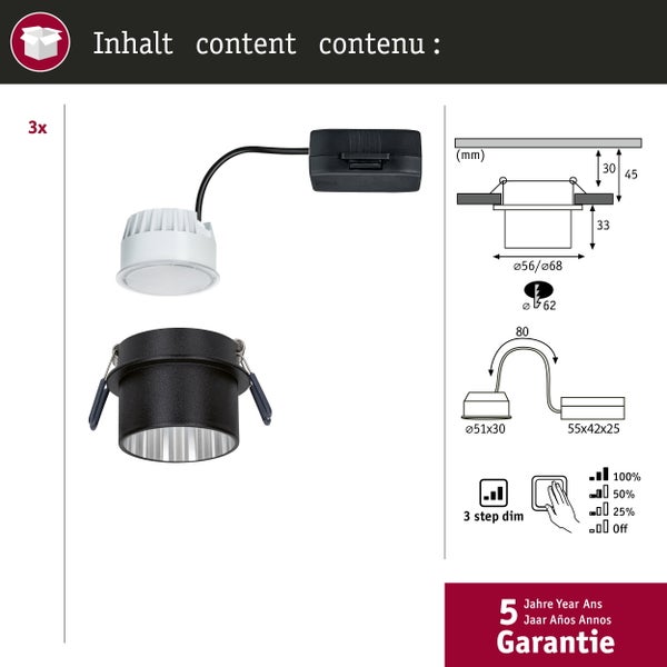 Lieferumfang von drei LED Einbaustrahlern mit technischen Maßen in Millimeter, dreistufiger Dimmfunktion über den Wandschalter und fünf Jahren Garantie.