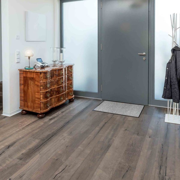 Eingangsbereich mit Kommode, Tür, Fußmatte und Garderobenständer auf Holzboden